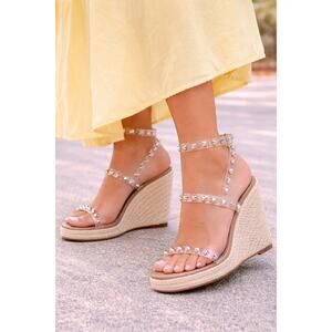 NWT Steve Madden Marebella Clear Studded Espadrille Wedge Sandals Womens 7.5M